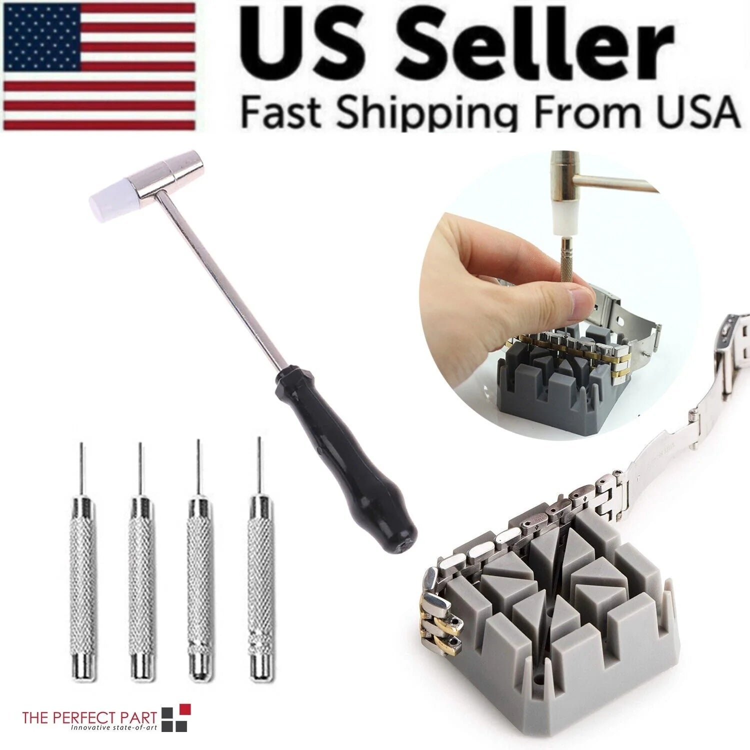 Watch Repair Band Link Remover Tool Kit - Hammer Punch Pins Watch Strap Holder